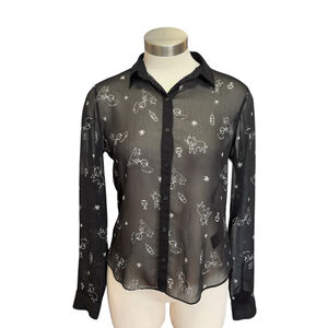 Aritzia Talula Womens Blouse Shirt Long Sleeve Black Sheer Cats Wine M